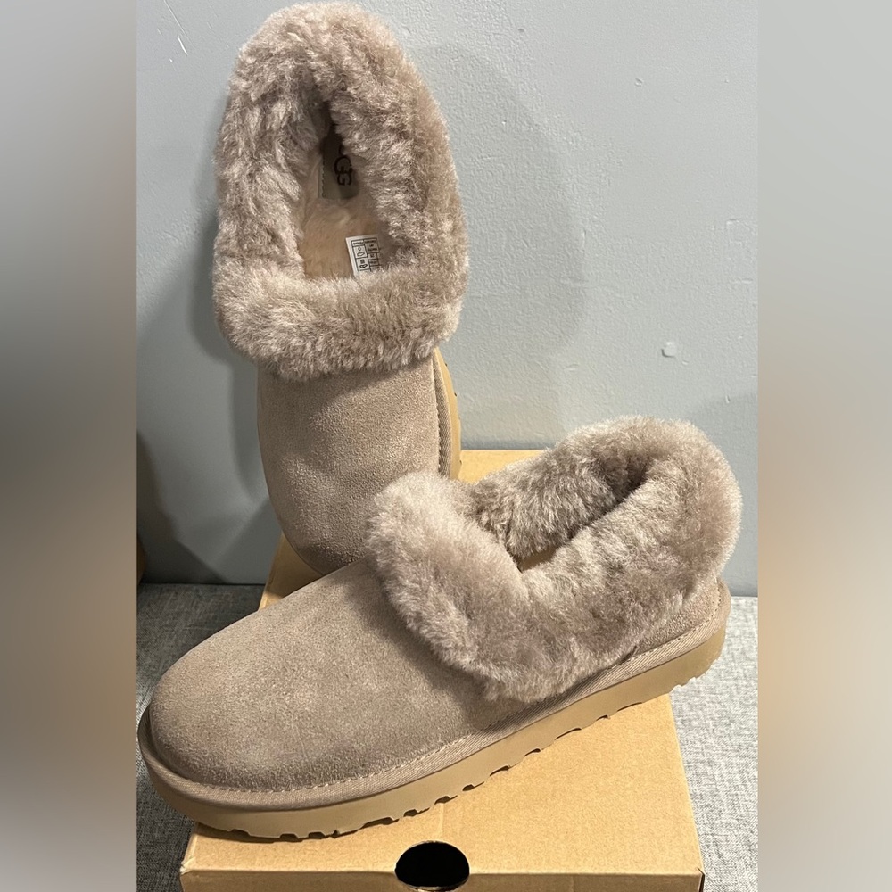 UGG Tan Suede Slippers with Plush Fur